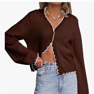 Brown Scalloped Edge Cardigan Sweater Size L